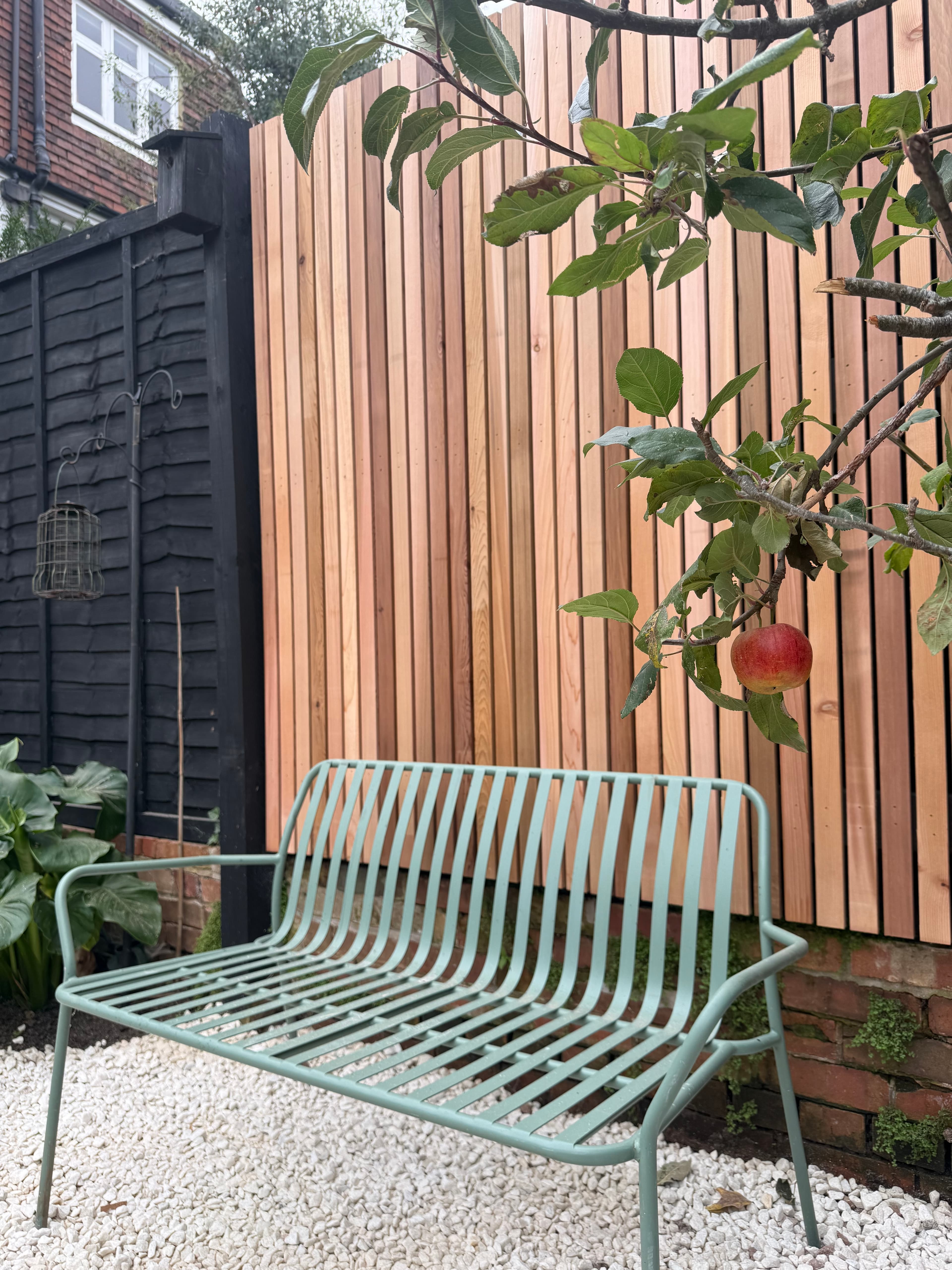 A slatted cedar trellis with climbing plants and layered planting