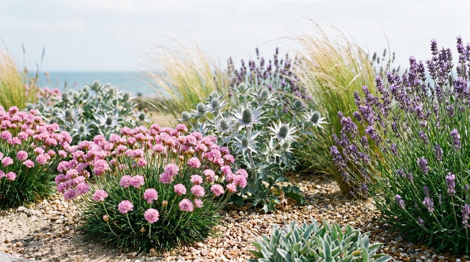A coastal garden border with salt-tolerant planting — sea thrift, sea holly, ornamental grasses and lavender